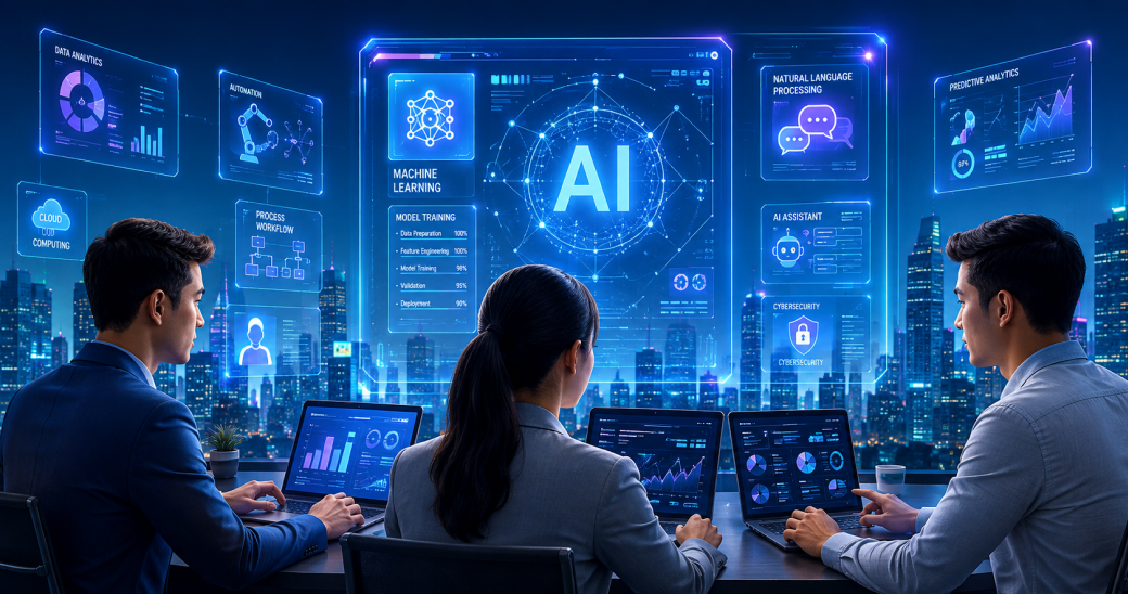 Technology team collaborating with AI tools